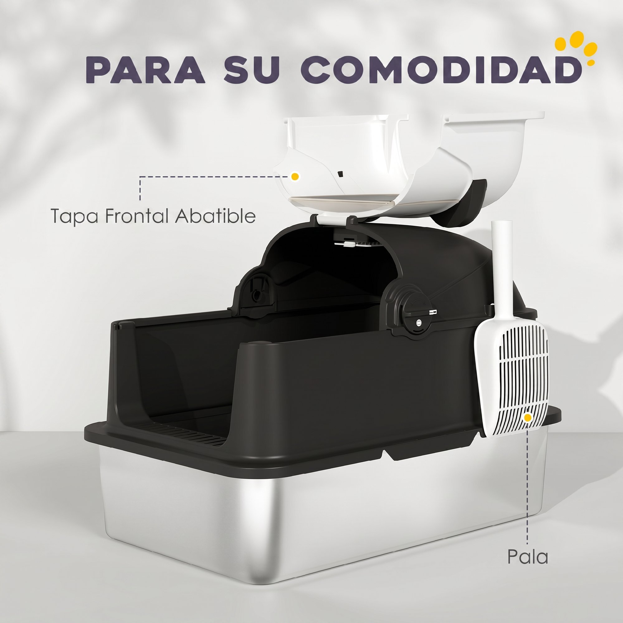 Arenero para Gatos Cubierto XL de Acero Inoxidable, Caja de Arena para Gatos Grandes con Tapa Abatible, Pala, Bolsa Desodorante, Diseño de Panda, Fácil de Limpiar, Antifugas, Sin Olor, Negro