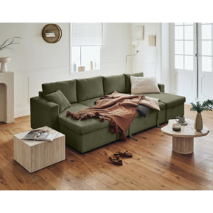 Cyrus - canapé panoramique en U - 7 places - convertible avec coffre - en velours côtelé - Vert