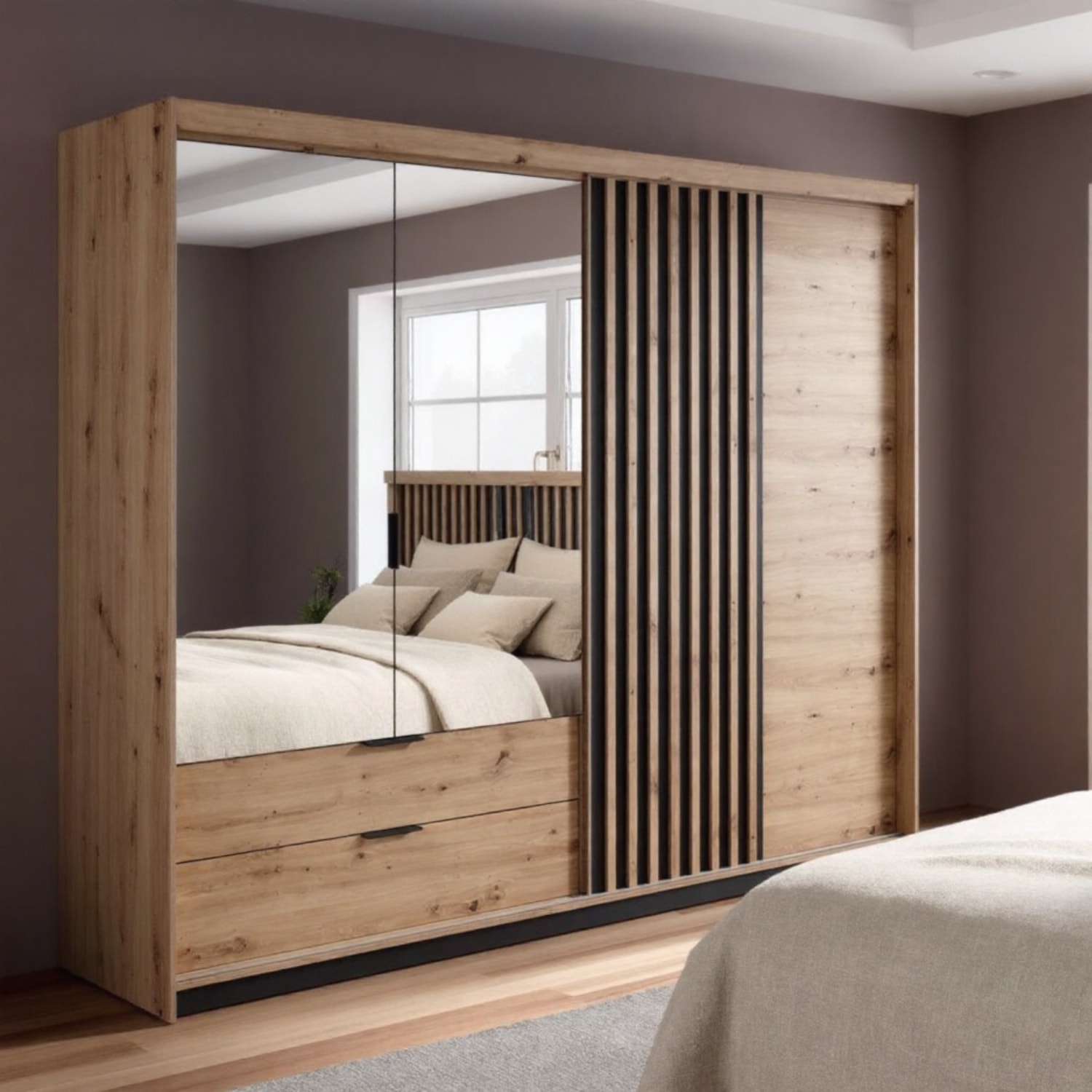 Armadio Guardaroba Moderno Con 2 Ante Battenti Specchio Anta Scorrevole 2 Cassetti Design Moderno 220 x 210 x 60 cm Rovere E Grigio Antracite