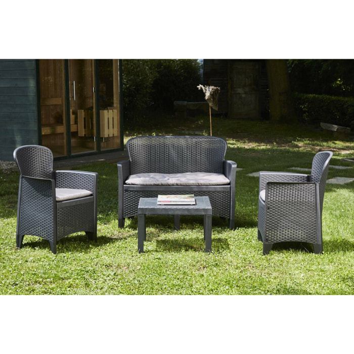 Set salotto da esterno Alesandro, Set da giardino con 2 poltrone, 1 divano ed 1 tavolino, Salottino effetto rattan con cuscini, 100% Made in Italy, Antracite