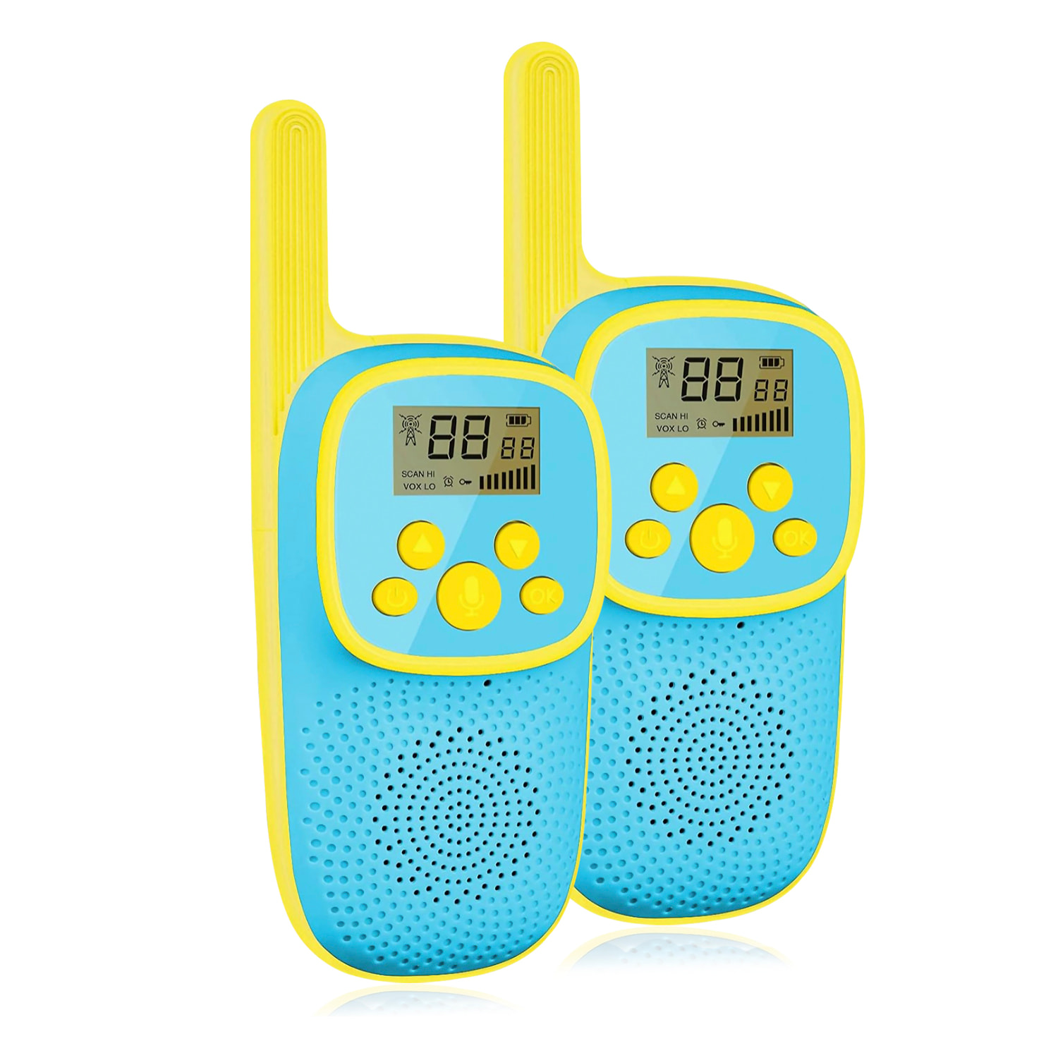 DAM Walkie Talkies infantiles D21, 1-3 km, pantalla de 1,5 LCD, 99 códigos de grupo encriptados, luz LED. 2 unidades. Batería recargable. 5,5x3,5x13,5 Cm. Color: Azul