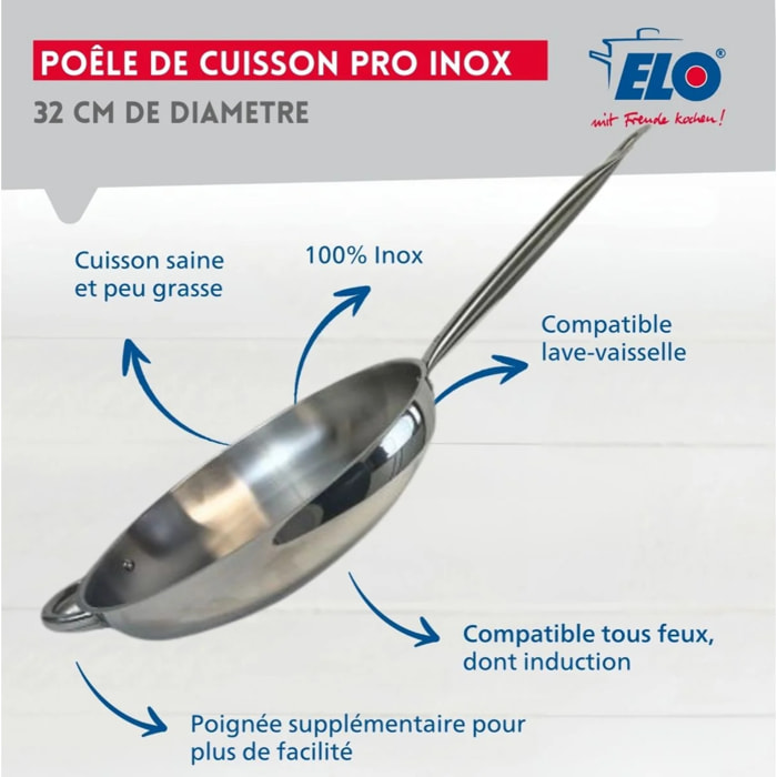 Lot de 3 poêles inox de 24 cm 28 cm et 32 cm Elo Profi Therm