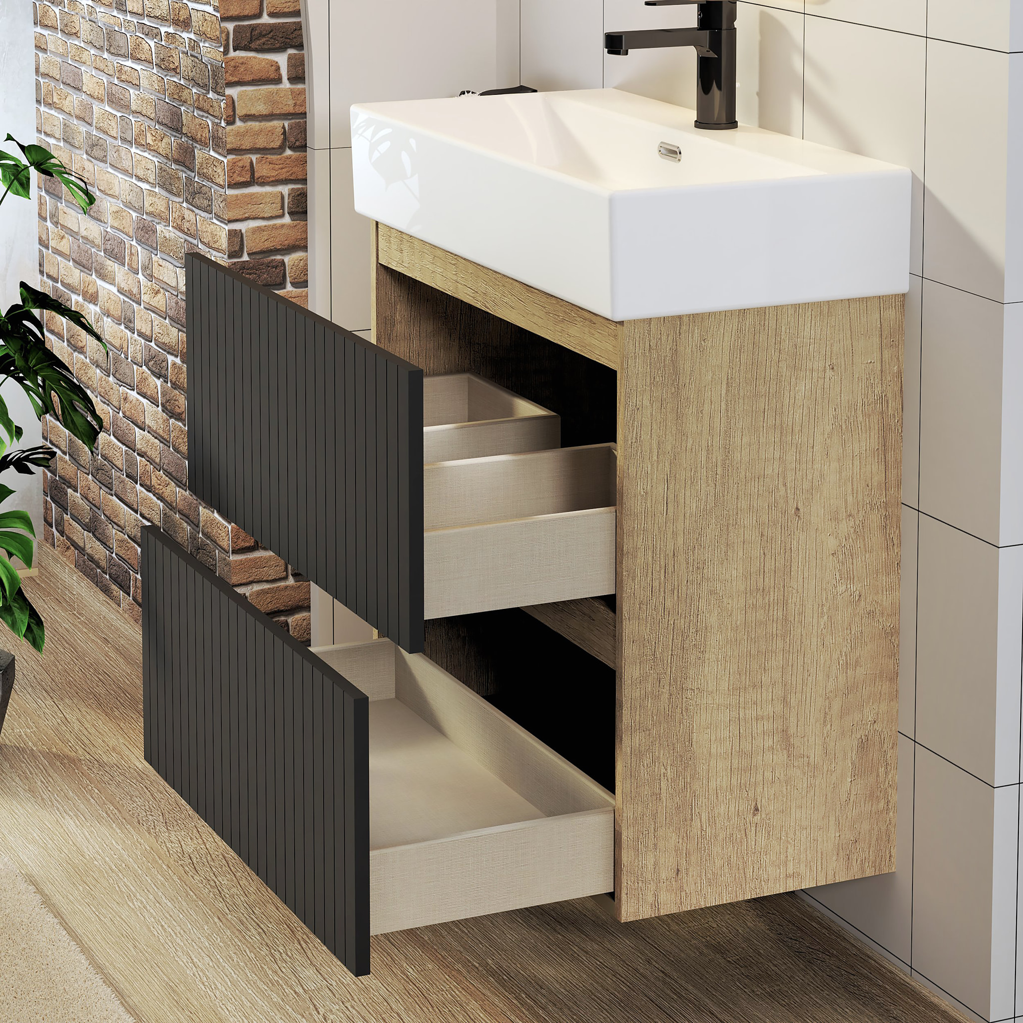 Conjunto de Baño Zel | Mueble Suspendido | 70 cm Negro | Dos Cajones | Lavabo Encastrado | No incluye Espejo | Mueble Montado| Alday