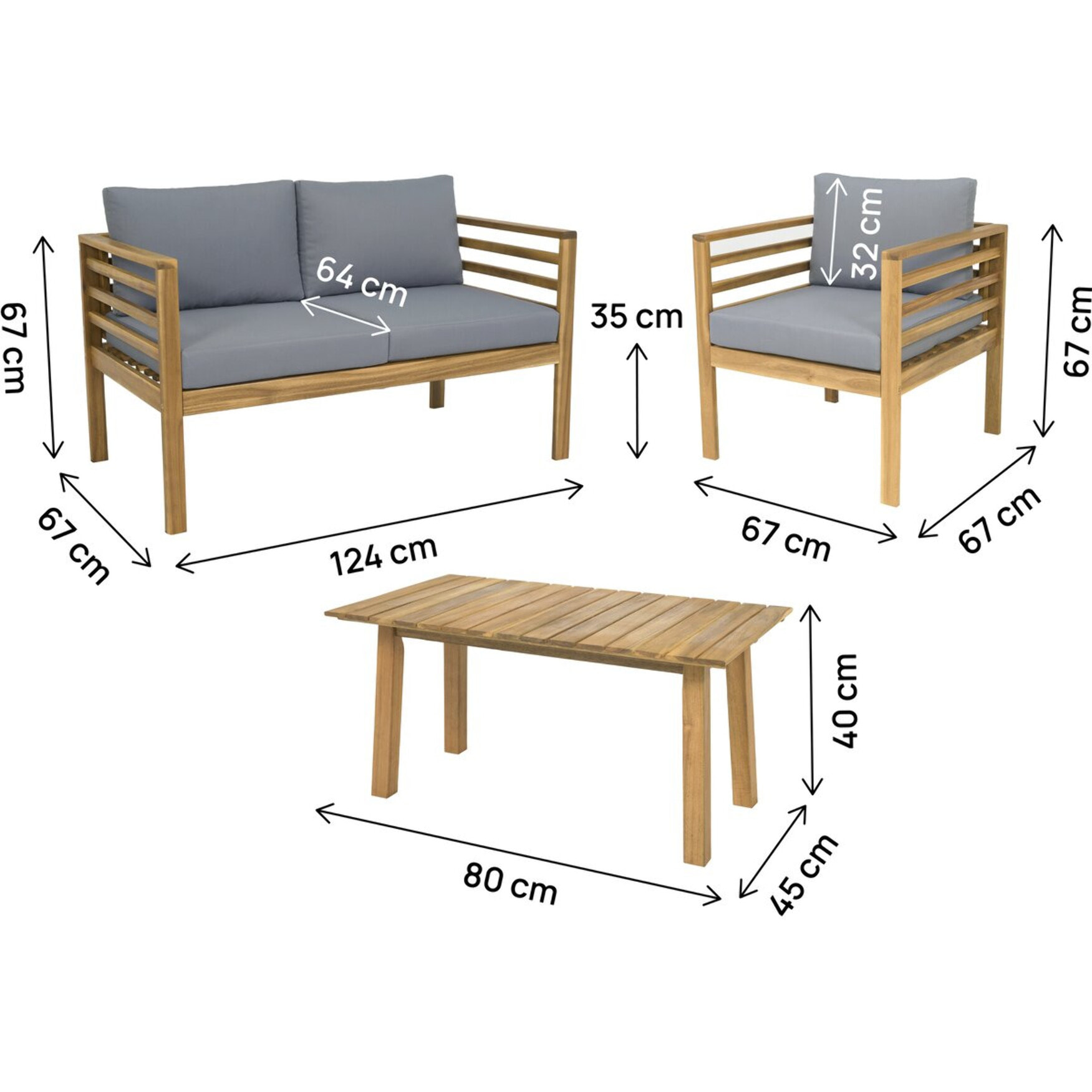 Salon de jardin en bois avec coussins inclus "Beckham" - 4 places - Gris