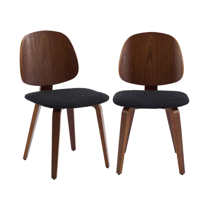Lot de 2 chaises décor bois courbé placage effet noyer et bouclette texturée noire