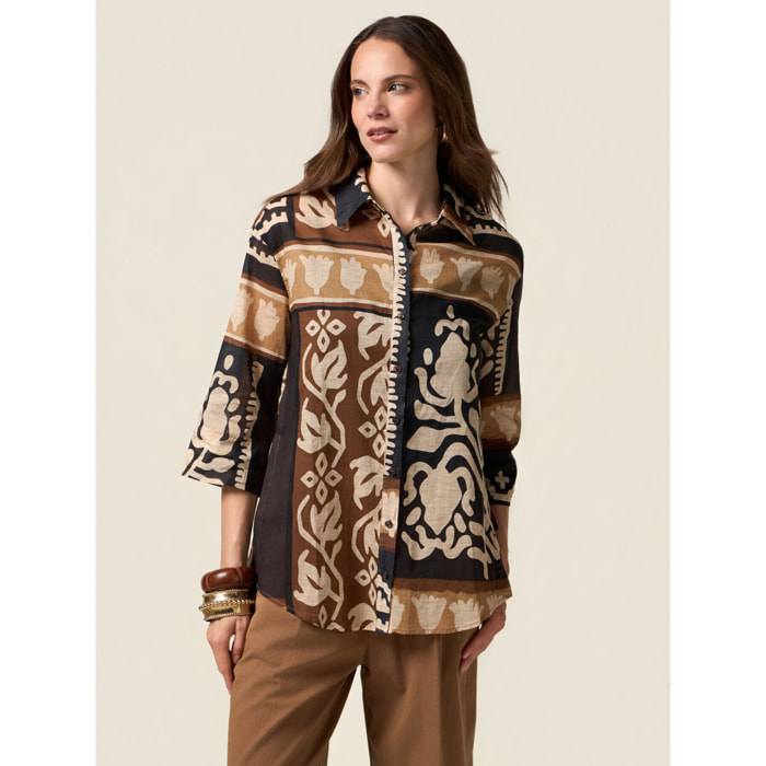 Oltre - Camicia in cotone fantasia - Marrone