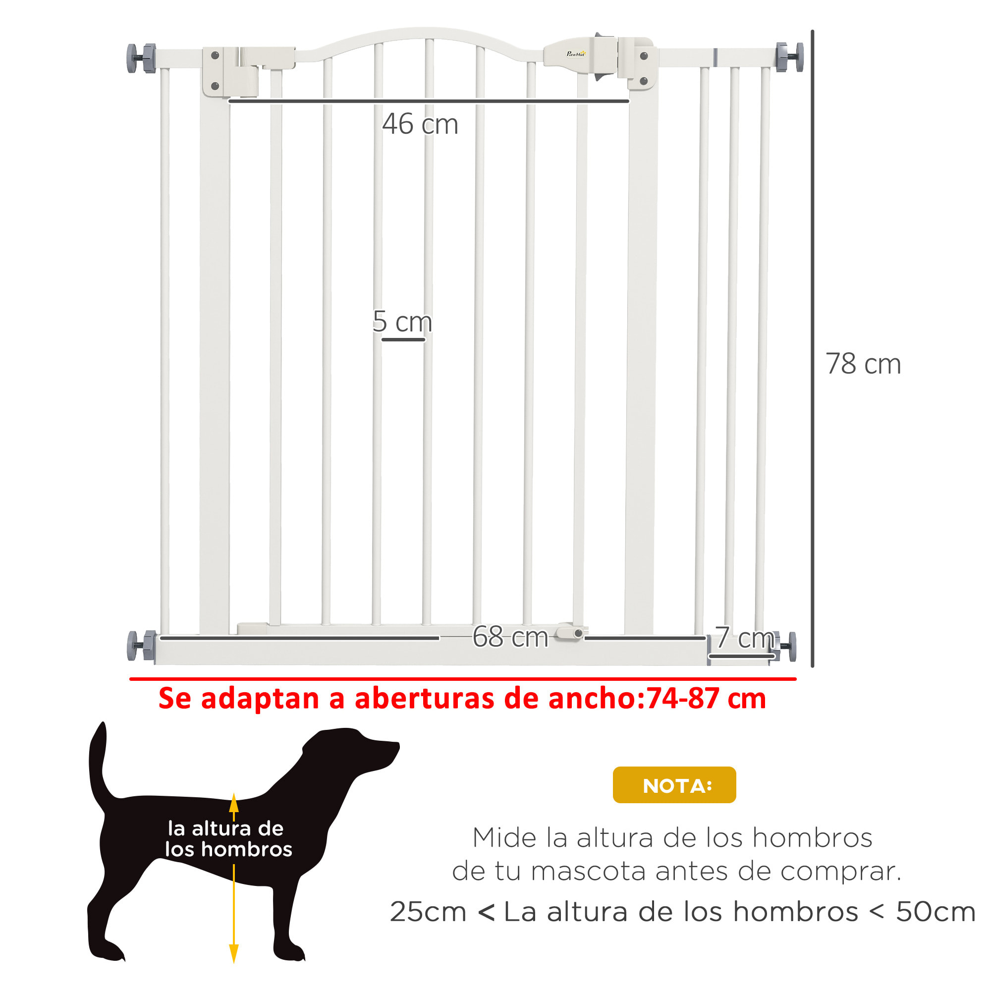 Barrera de Seguridad para Perros Extensible 74-87 cm para Puertas y Escaleras Puerta de Seguridad para Mascotas con Montaje a Presión y Doble Bloqueo Blanco