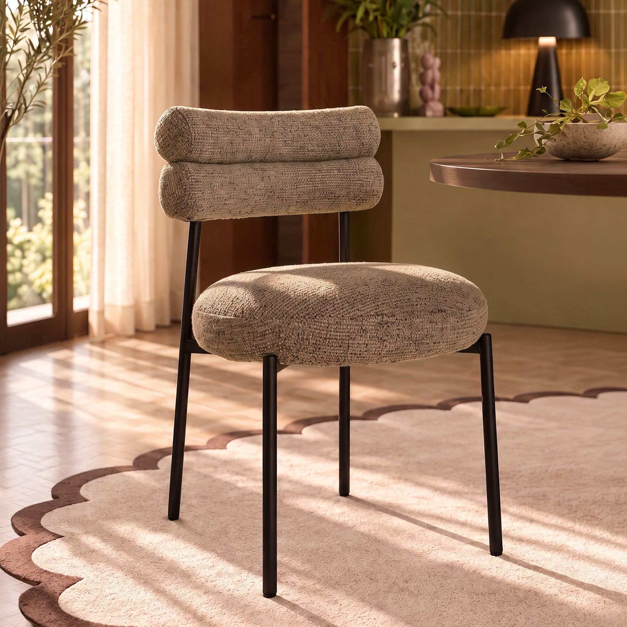 Ensemble table extensible effet noyer et 6 chaises en tissu tweed moka