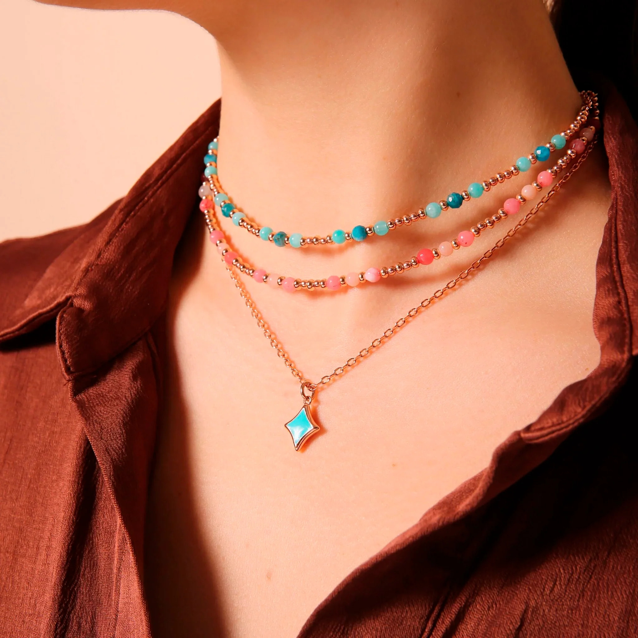 Collana Girocollo Catena Forzatina e Pendente Étoile Reversibile Smaltato Turchese con Cubic Zirconia