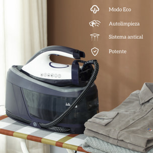 Centro de Planchado 2800W 100 g/min 8 Bares Función ECO Suela de Cerámica Doble Capa Planchado Vertical Potente Apagado Automático Sistema Antical Autolimpieza Depósito Extraíble 2 L Azul