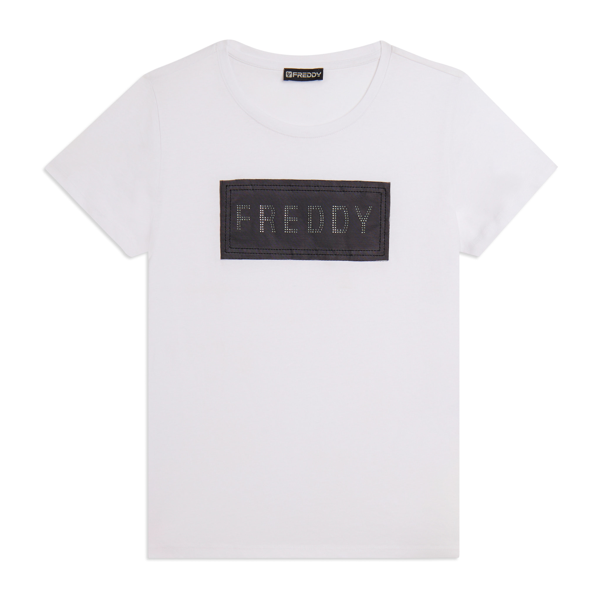 T-shirt con strass e inserto in mesh