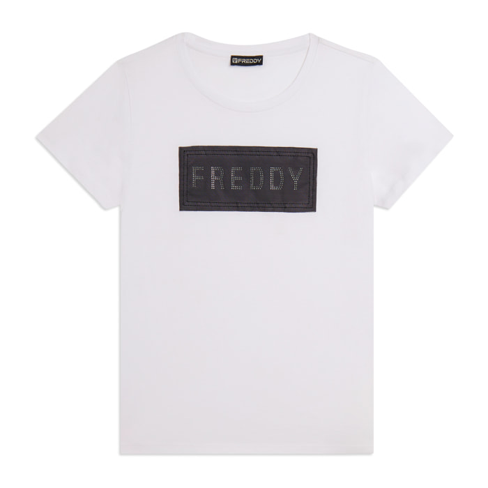 T-shirt con strass e inserto in mesh