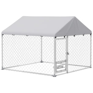 Perrera de Exterior con Techo 2x2x1,55 m Jaula para Perros de Acero Galvanizado con Techo Impermeable Soporte para Comida Giratorio y Ajustable 2 Cuencos para Perros Medianos y Pequeños