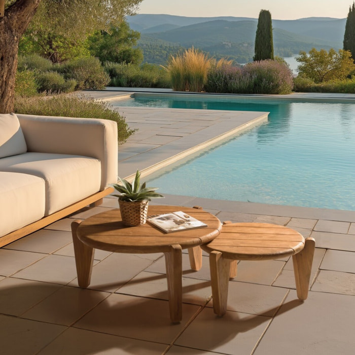 COLINE - Set de 2 tables basses de jardin rondes bois de teck recyclé D50+70cm