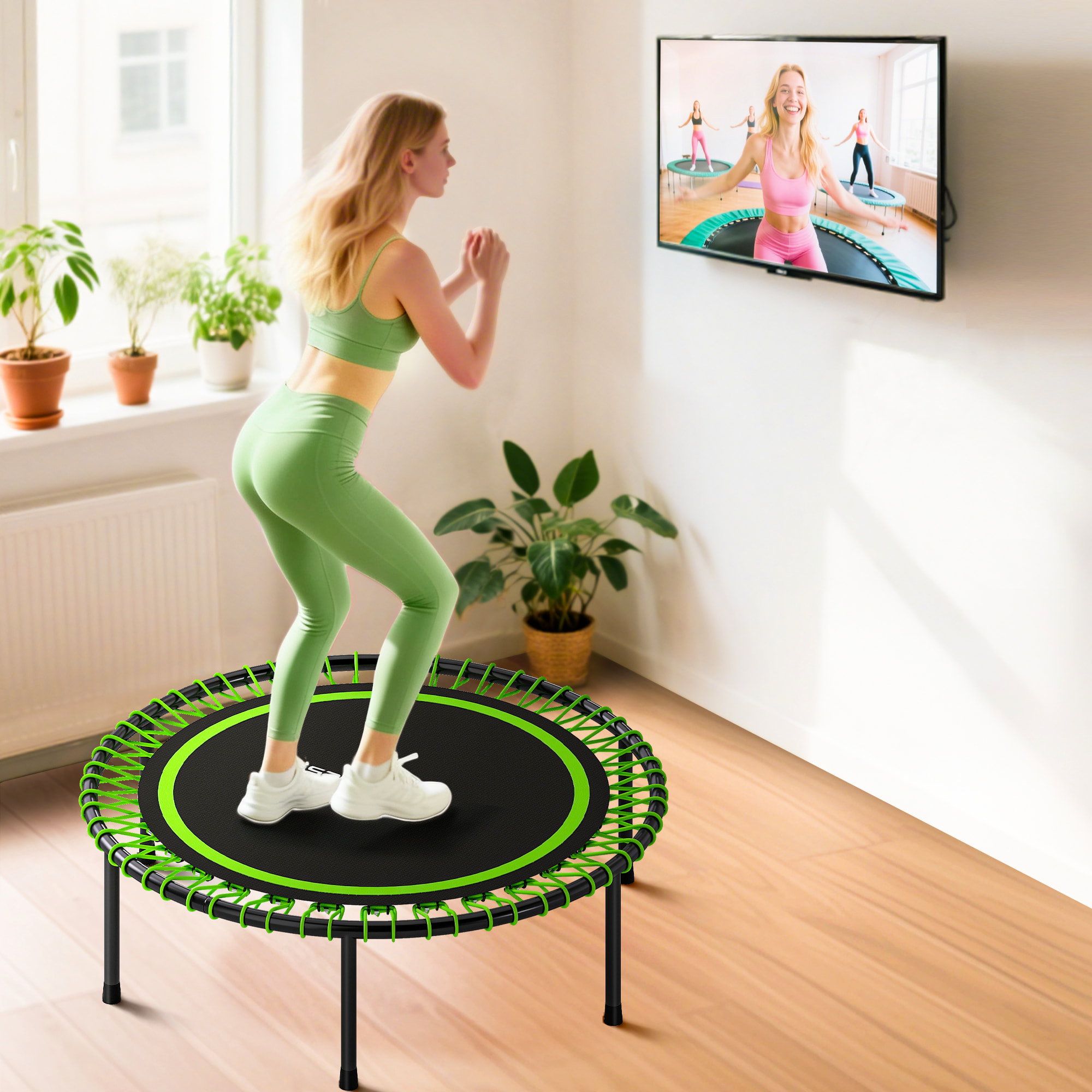 Trampolín de Fitness Adultos Ø114 cm, Cama Elástica con Marco de Acero Reforzado, para Entrenamiento Piernas, Cuerpo en Hogar, Oficina, Gimnasio, Verde y Negro
