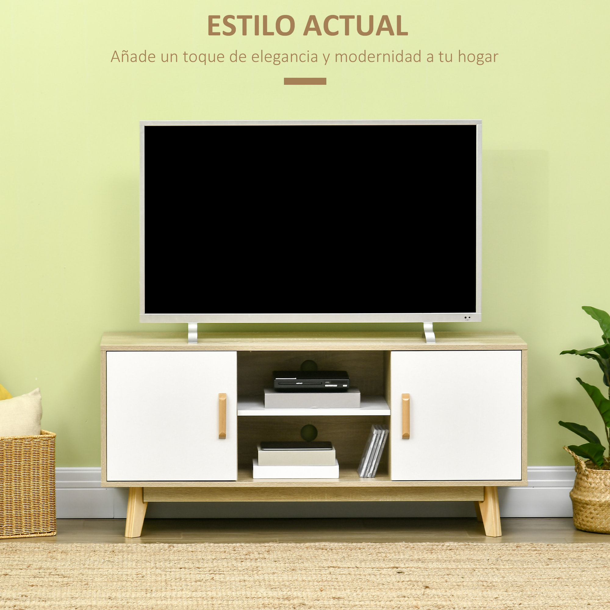 HOMCOM Mueble de TV para Televisores de hasta 55 Pulgadas Mesa para TV de Salón Moderna con 2 Puertas 2 Estantes Abiertos y Balda Interior Ajustable para Dormitorio 120x40x55 cm Natural y Blanco