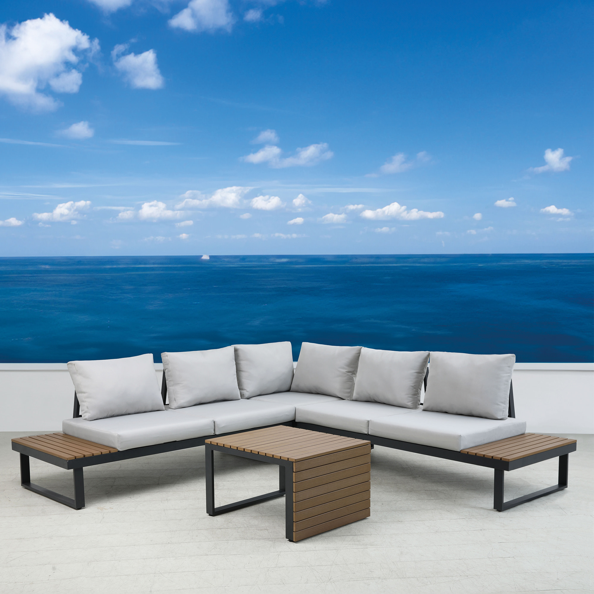 Set de jardín – Aluminio gris antracita y polywood marrón con cojines grises