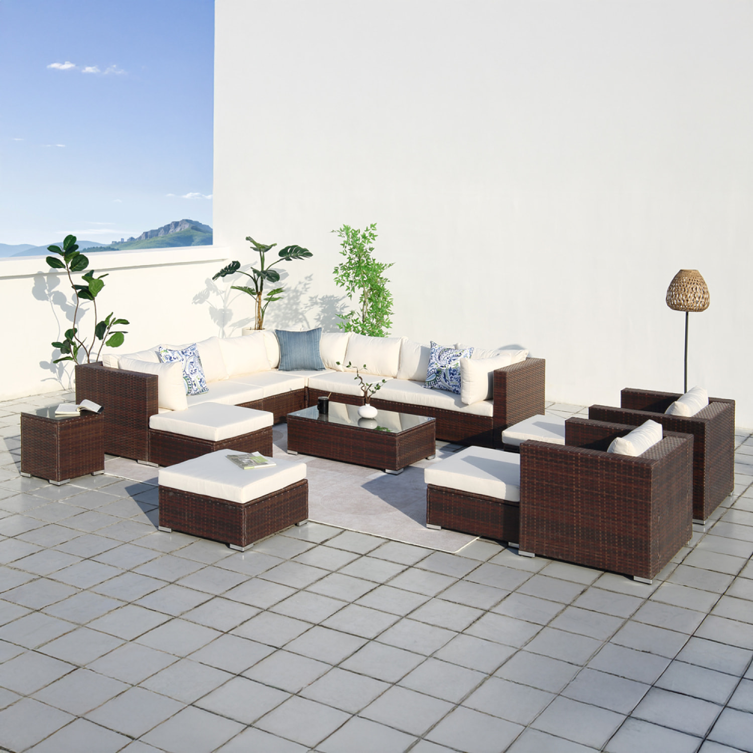 Salon de jardin modulable 13/14 places en résine tressée marron et blanc SANSA