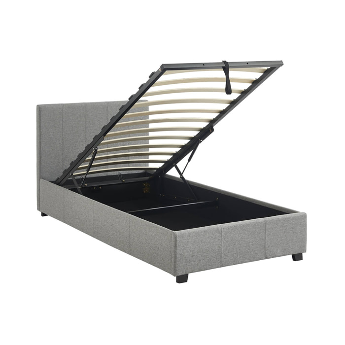 Lit coffre avec sommier à lattes et tête de lit. finition tissu gris clair. L 202 x P 97.5 x H 86cm
