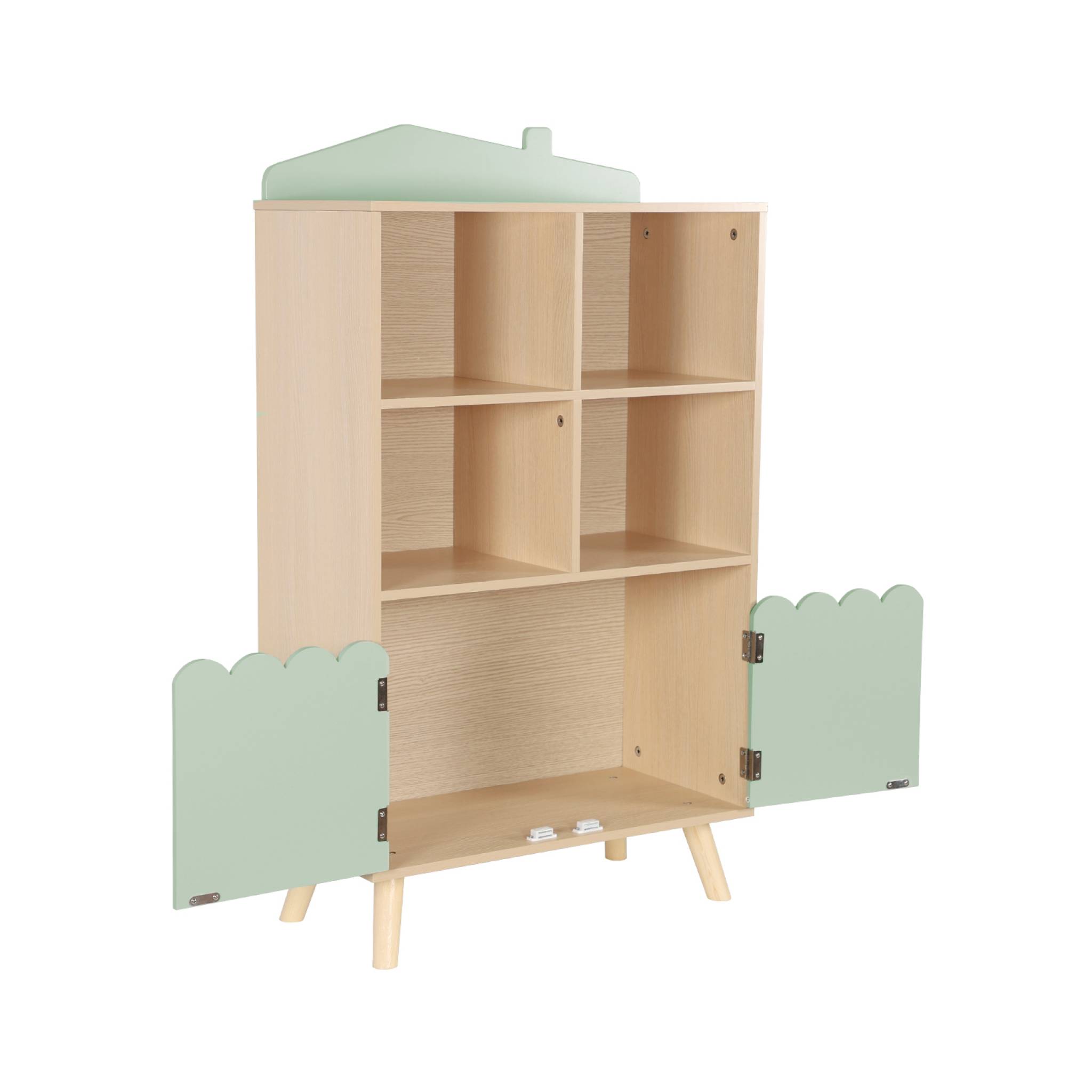 Bibliothèque enfant verte 2 portes et 4 étagères