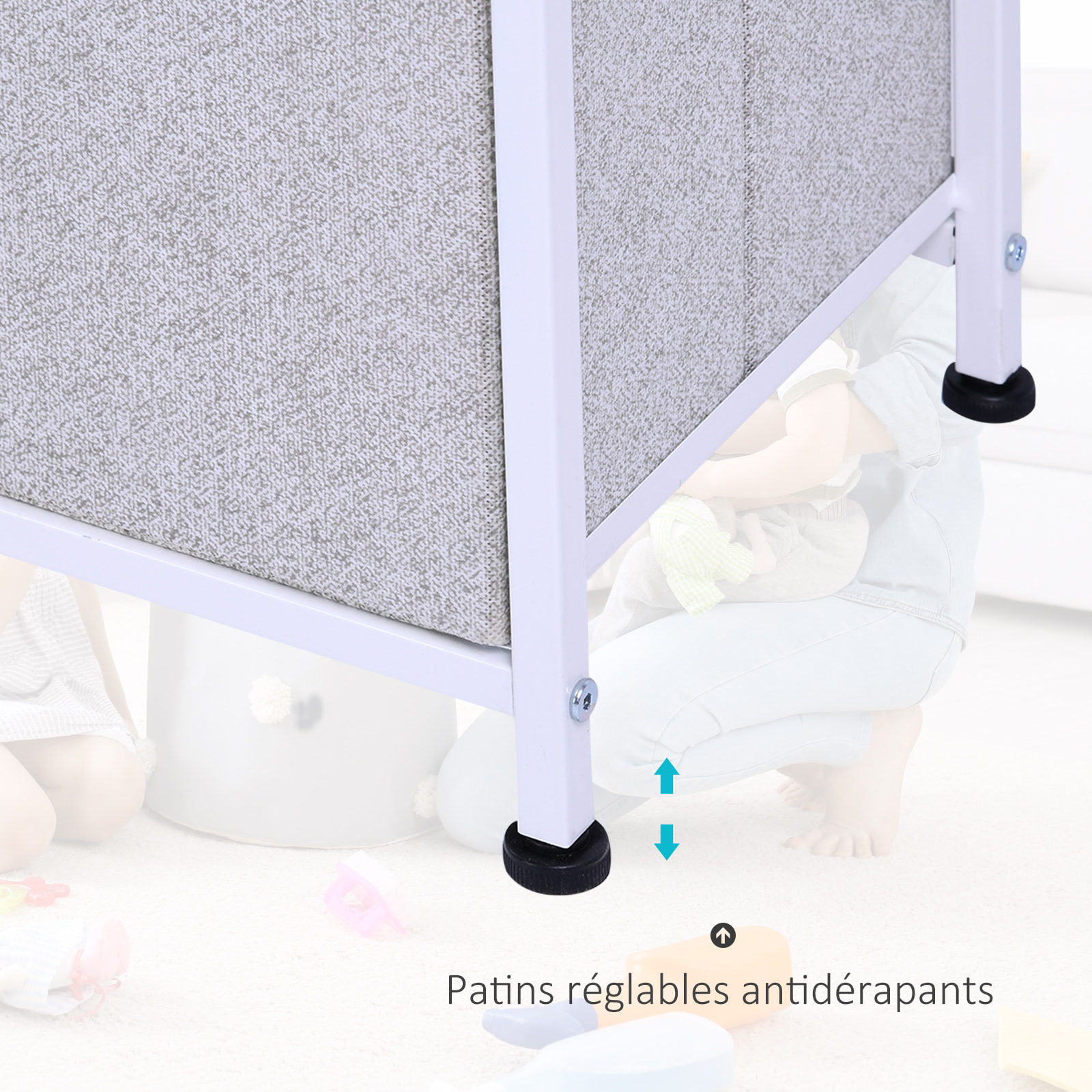 Commode meuble de rangement dim. 100L x 30l x 54H cm 5 tiroirs non-tissés gris structure métal blanc plateau MDF bois clair