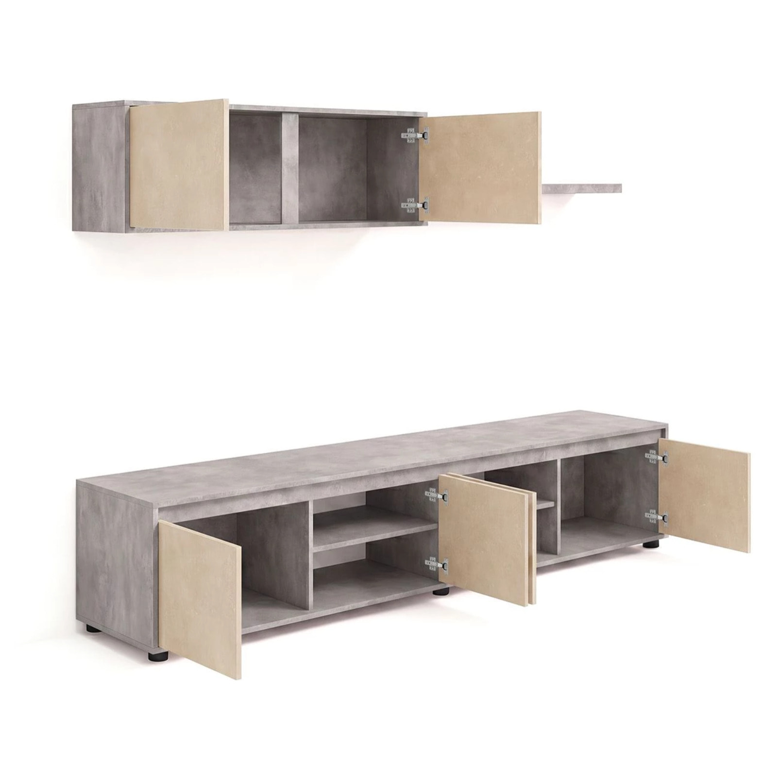Salón con mueble de TV y estantería en gris cemento y efecto microcemento beige 200 cm Arlet Gris Cemento - Microcemento Beige
