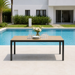 Table de jardin 240cm 10 personnes avec plateau en verre trempé effet bois NEWSTEAD