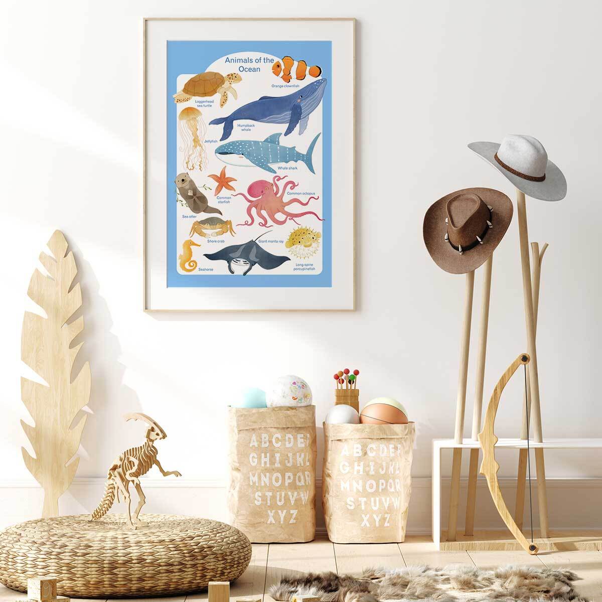 Affiche enfant animaux marins  Affiche sous cadre bois