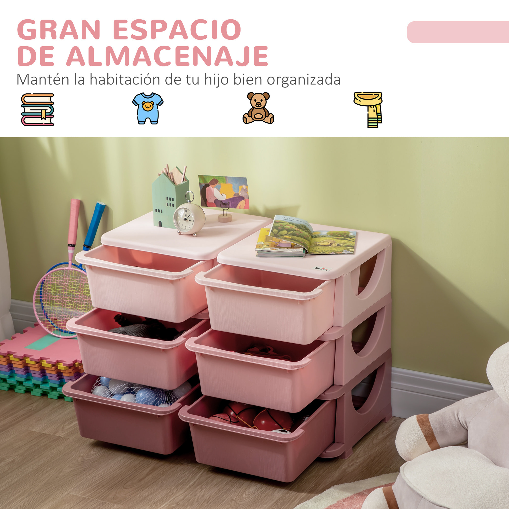 Torre de Almacenamiento Infantil con 6 Cajones, Organizador de Juguetes para Niños de +3 Años, con Bordes Redondeados y Asas, para Guardería, Sala de Juegos, Dormitorio, 75x37x56,5 cm, Rosa