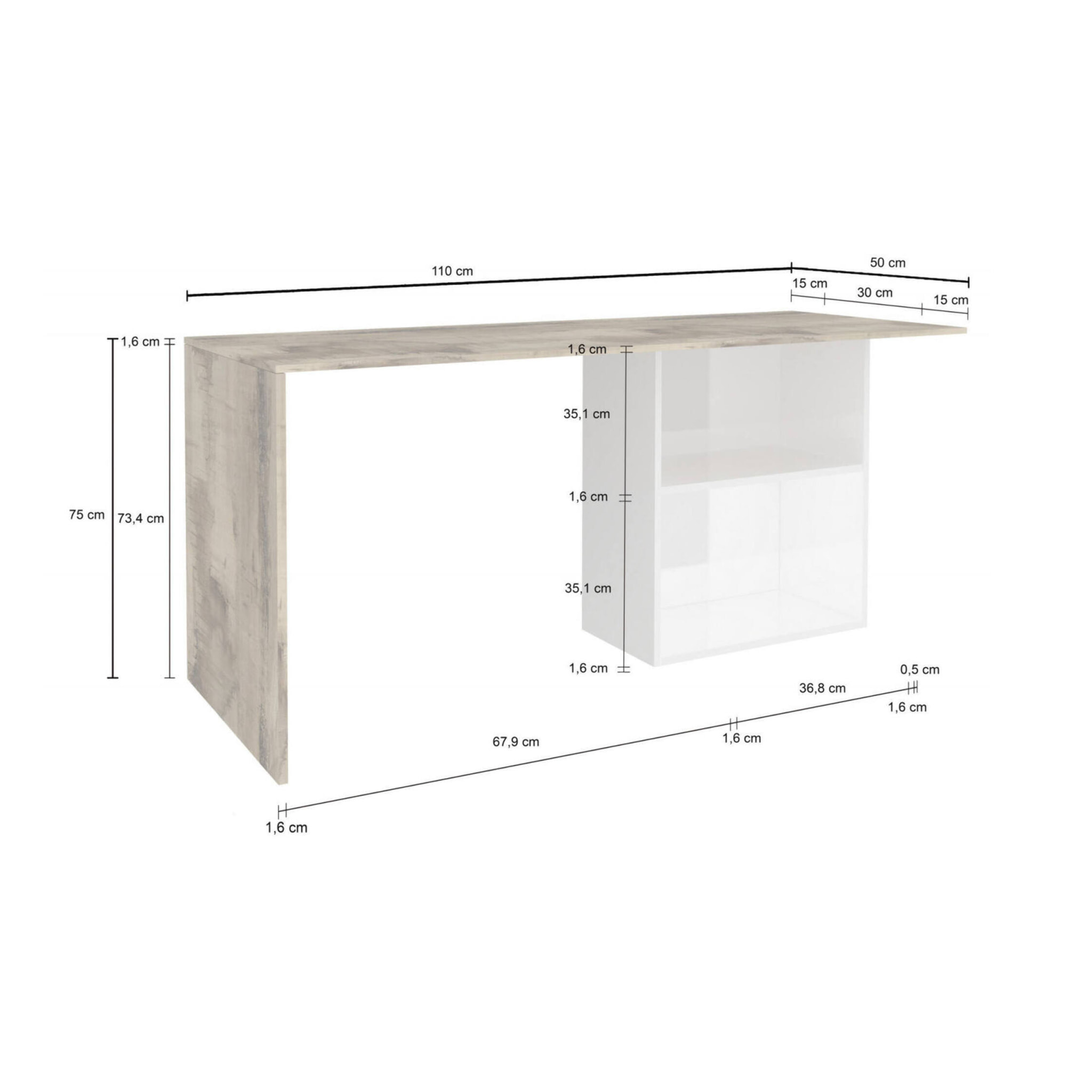 Scrivania lineare per ufficio e studio con scaffale, Made in Italy, Tavolo minimal, Scrittoio porta PC, cm 110x50h75, colore Bianco lucido e Acero