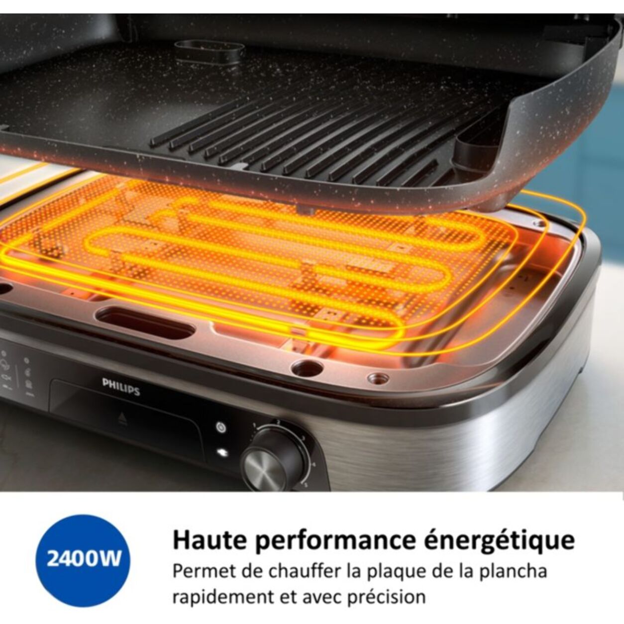 Plancha électrique PHILIPS HD6212/90  couvercle verre à poser, 50x25 cm