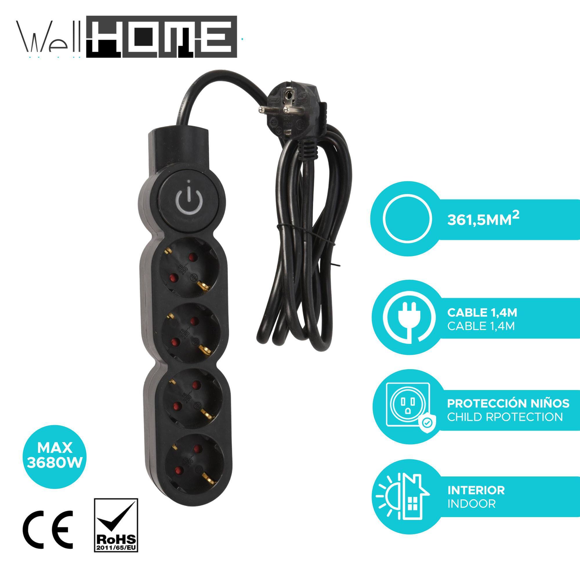 Well home regleta de 4 vías color negro con protección para niños, con interruptor encendido/apagado , cable 140cm