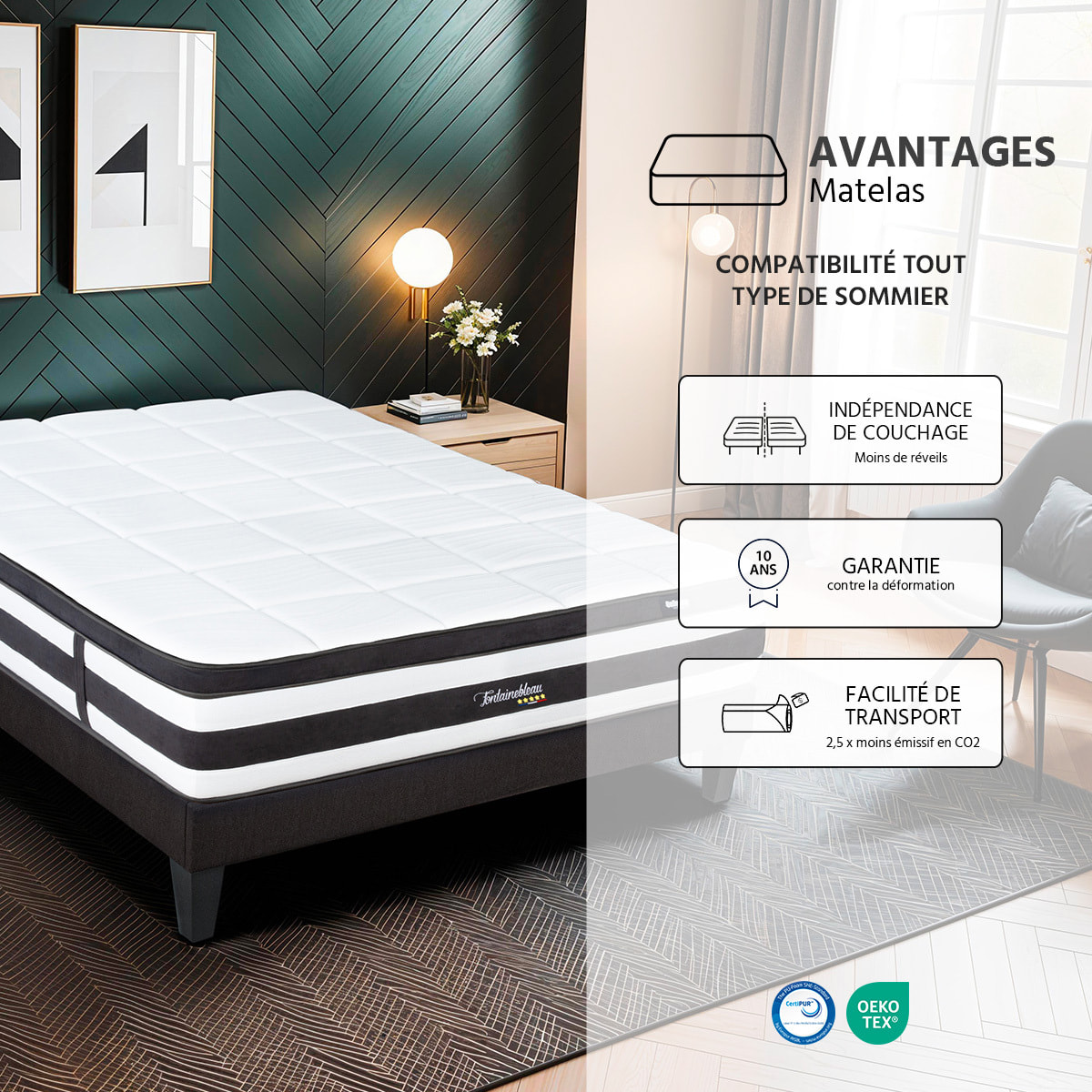 Matelas Hybride Fontainebleau, 25 cm, Soutien Ferme, Ressorts Ensachés & Mousse mémoire de forme