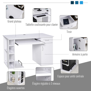 Bureau informatique multimédia multi-rangements avec étagère tiroir tablette clavier MDF 120 x 60 x 74 cm blanc