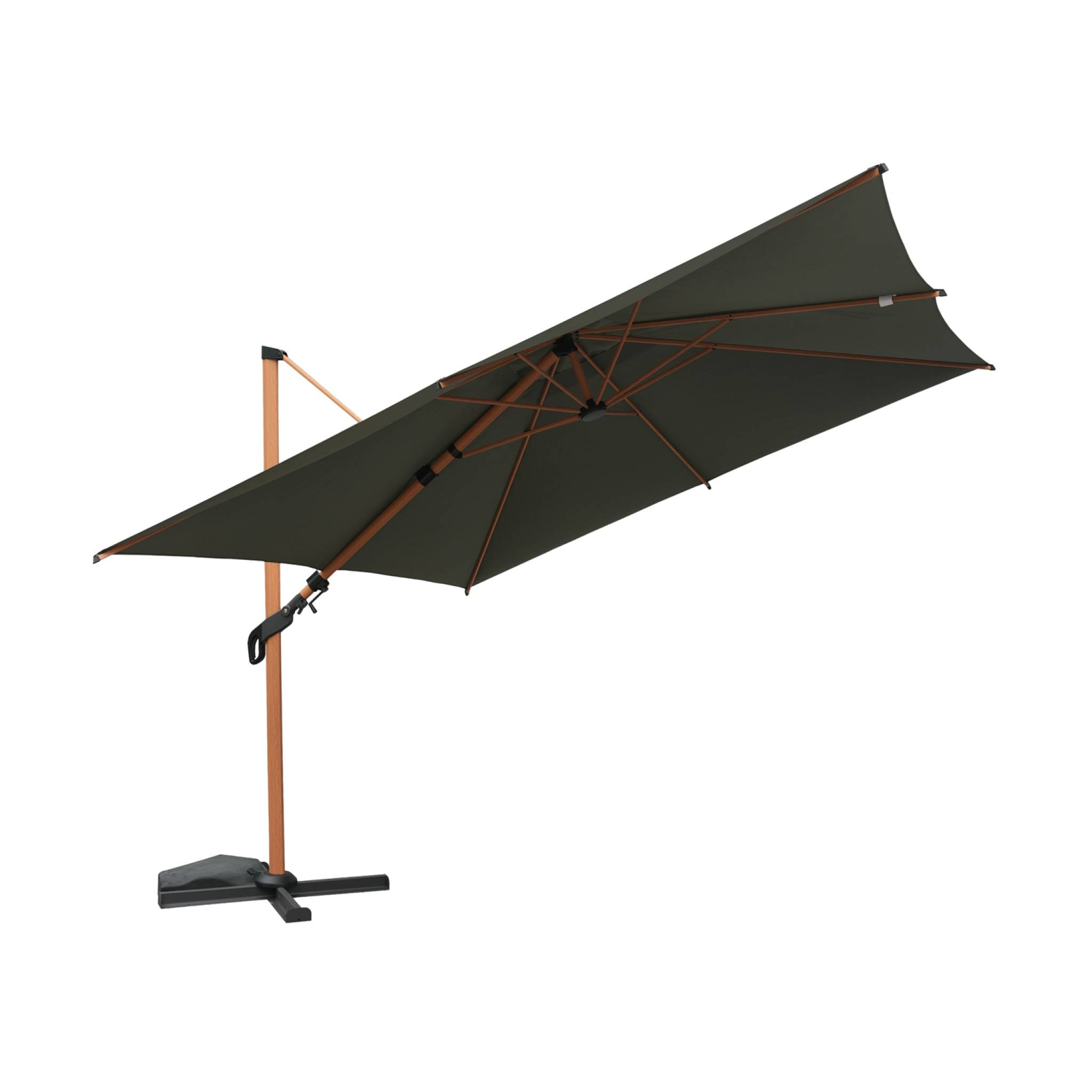 Parasol déporté ETRETAT carré kaki 3x3m. mât effet bois