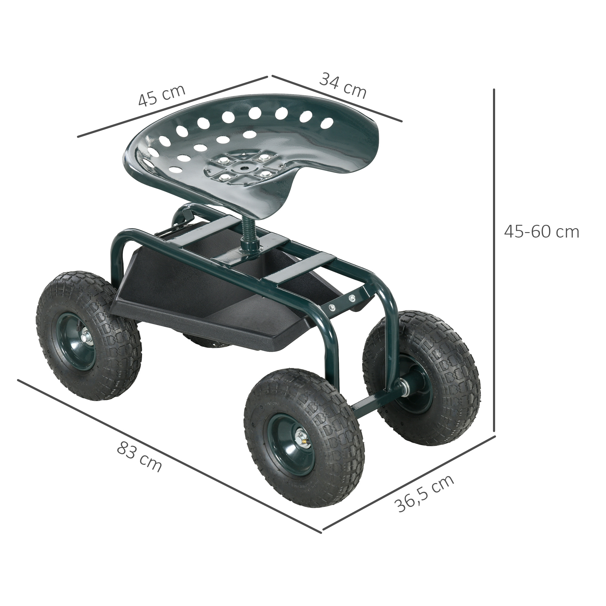 2 en 1 tabouret pivotant réglable chariot mobile de jardin charge max. 150 Kg rangement acier vert