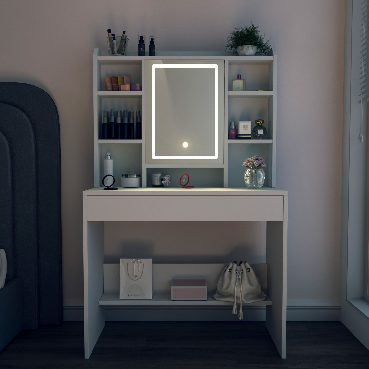 Toeletta Tavolino Da Trucco Tavolo Con Luce LED Luminosità Tonalità Regolabile Specchio 2 Cassetti 7 Vani A Giorno Mensole Regolabili 40x90x145 Cm
