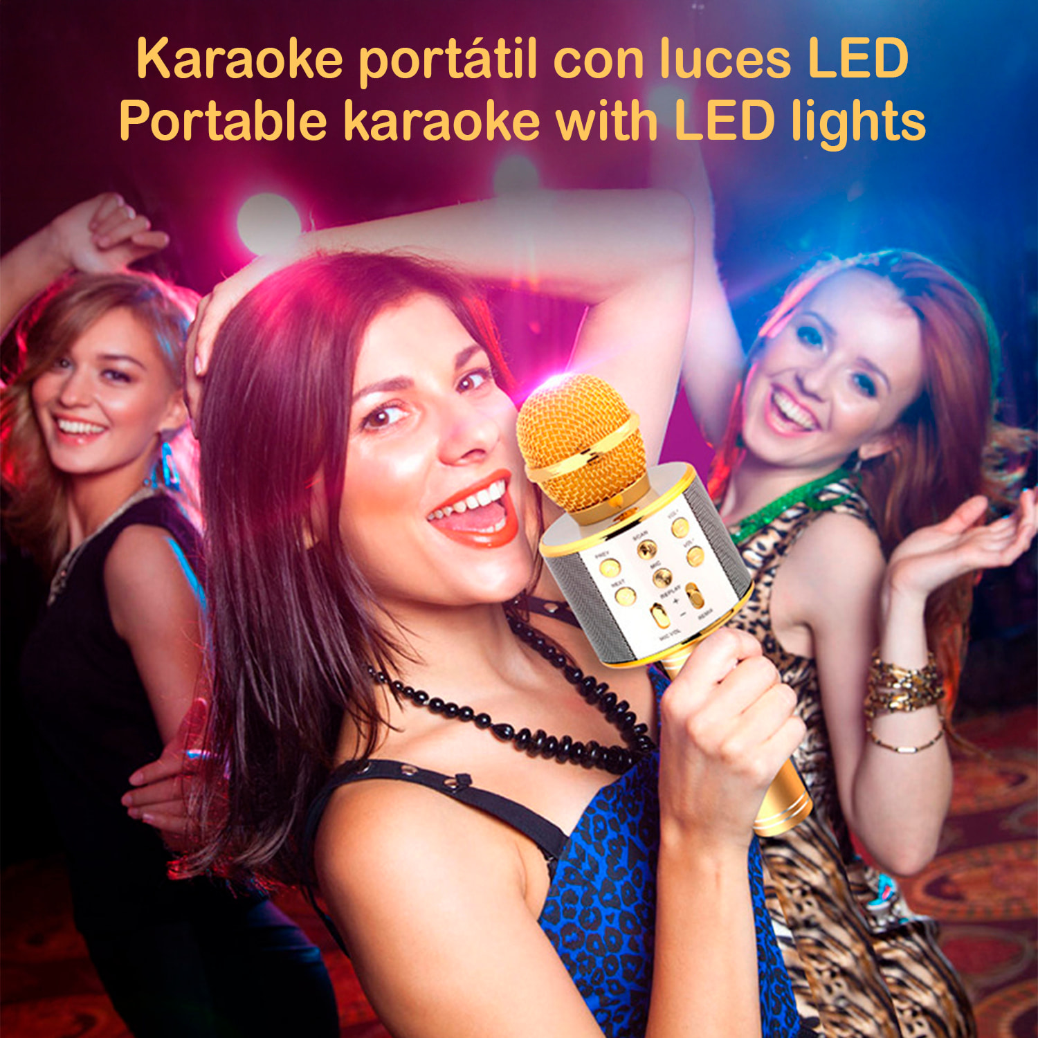 Micrófono Karaoke multifunción con luces y altavoz incorporados.