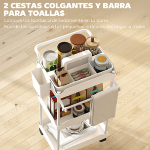Carrito Auxiliar con Ruedas de 3 Niveles, Carrito de Cocina con Cestas Extraíbles, Ruedas con Freno, Soporte para Toallas y Marco de Metal, Carro de Servicio para Comedor, Salón, Baño, Blanco