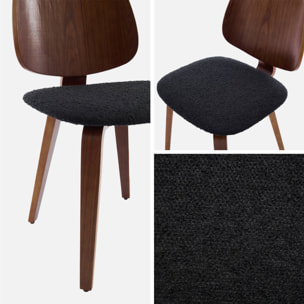 Lot de 2 chaises décor bois courbé placage effet noyer et bouclette texturée noire