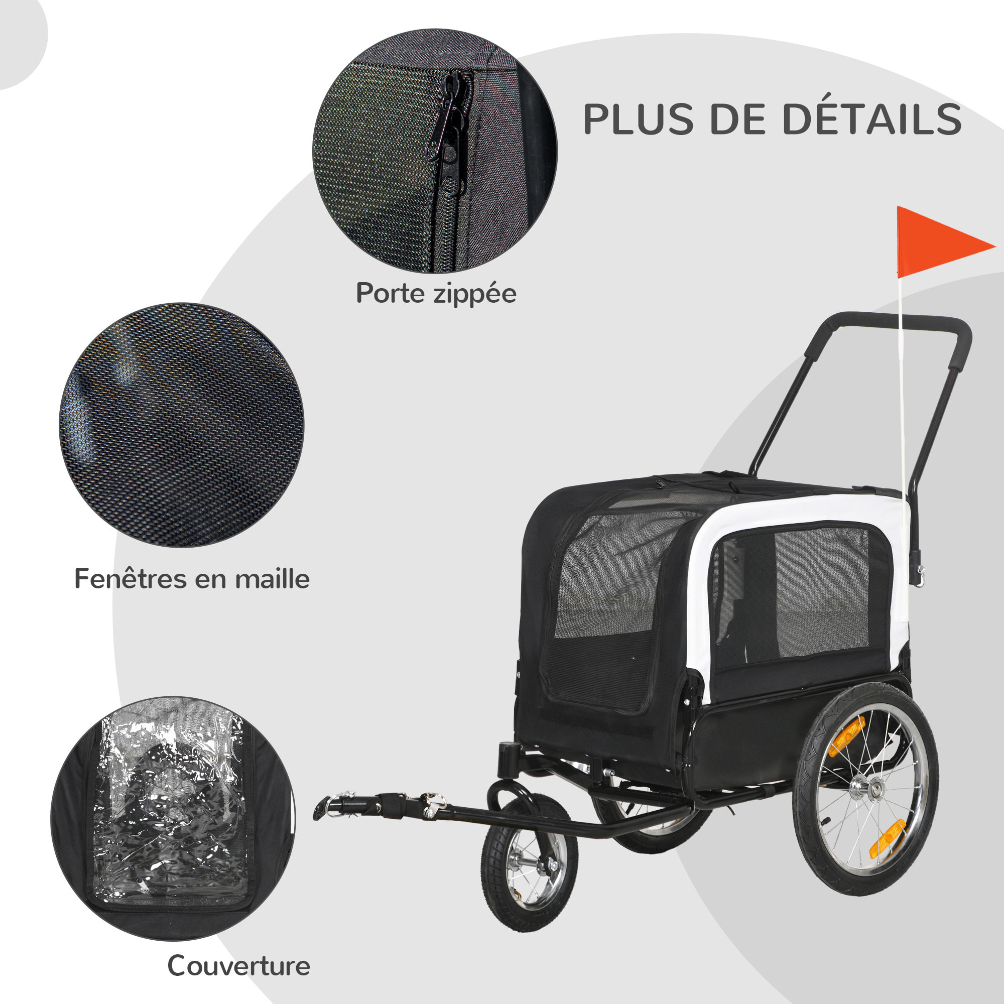 Remorque vélo jogger 2 en 1 pour chien - remorque à vélo pour chien - attache, drapeau, roue AV pivotante, réflecteurs - noir