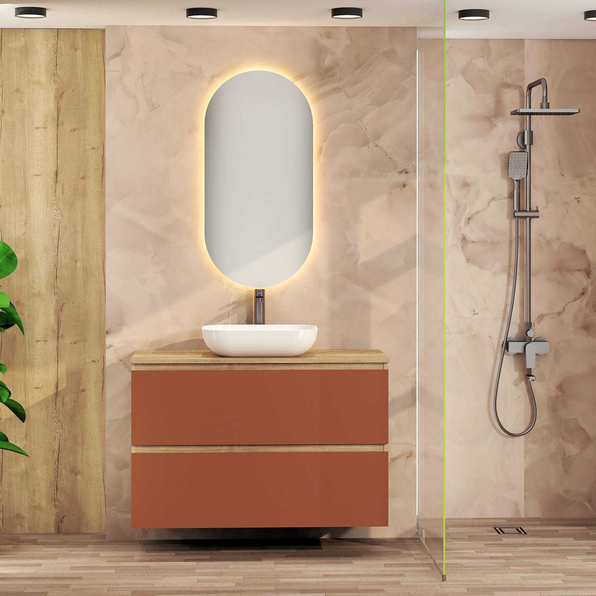 Conjunto de Baño Nia | Mueble Suspendido | 100 cm Scarlato | Dos Cajones | Lavabo Sobrepuesto | No incluye Espejo | Mueble Montado| Alday