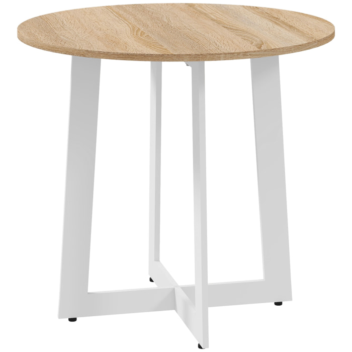 Table à manger ronde 4 personnes piètement acier blanc plateau aspect chêne clair