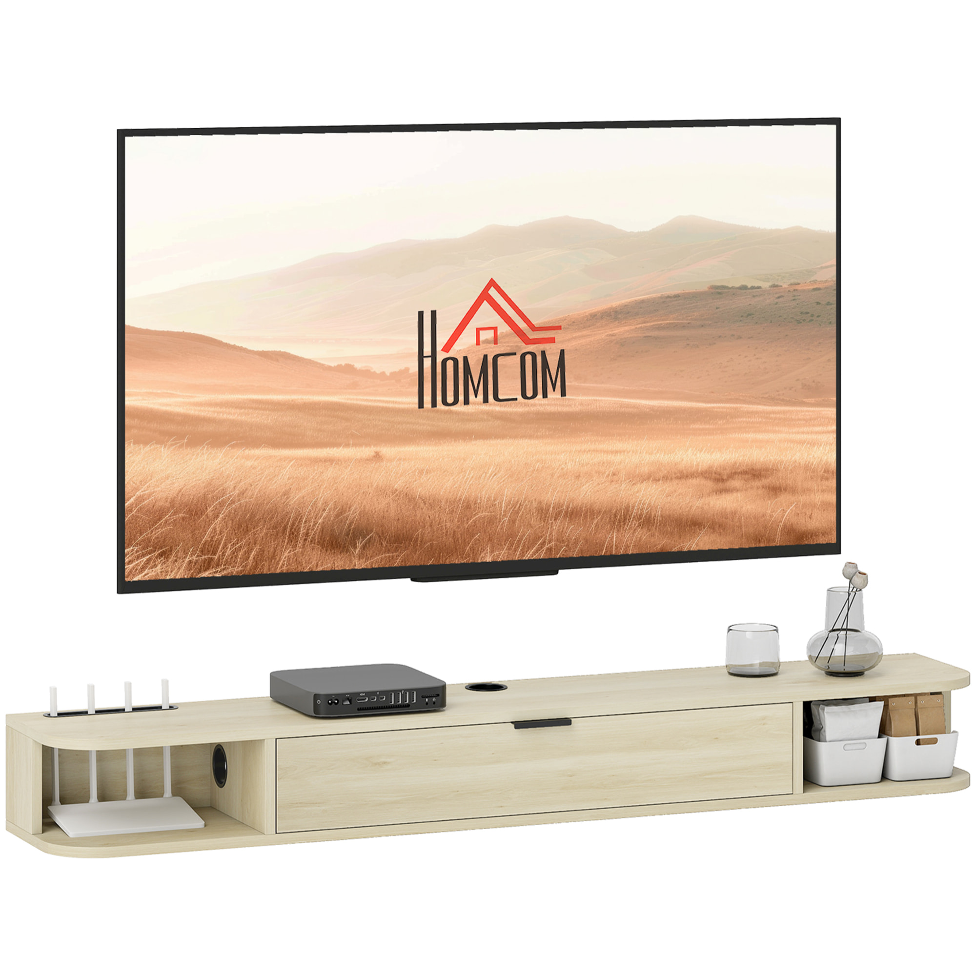 Mueble de TV Suspendido, Mueble de TV para Salón con Cajón Abatible, 2 Estantes Abiertos, Gestión de Cables, Estilo Moderno, para Televisión 60 Pulgadas, 140x24x16 cm, Madera Natural