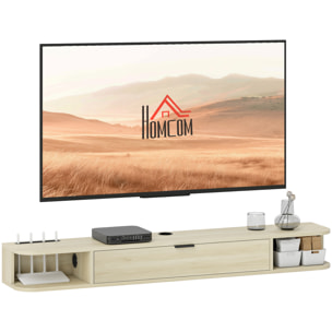 Mueble de TV Suspendido, Mueble de TV para Salón con Cajón Abatible, 2 Estantes Abiertos, Gestión de Cables, Estilo Moderno, para Televisión 60 Pulgadas, 140x24x16 cm, Madera Natural