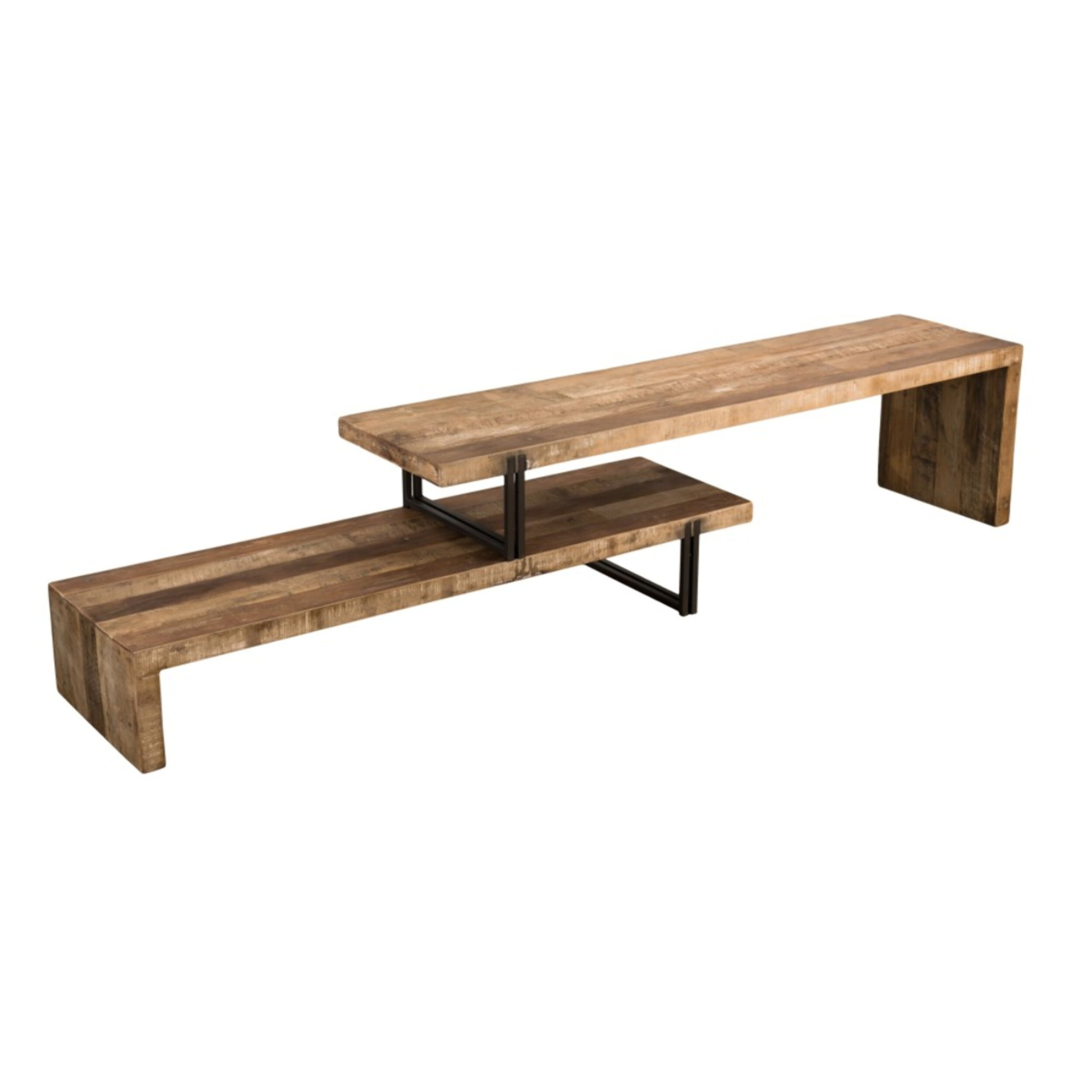 SIXTINE - Meuble TV marron 2 niveaux bois Teck recyclé et métal noir