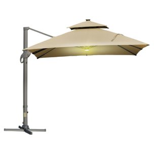 Parasol déporté LED carré double toit inclinable pivotant 360° manivelle piètement acier dim. 3L x 3l x 2,66H m beige