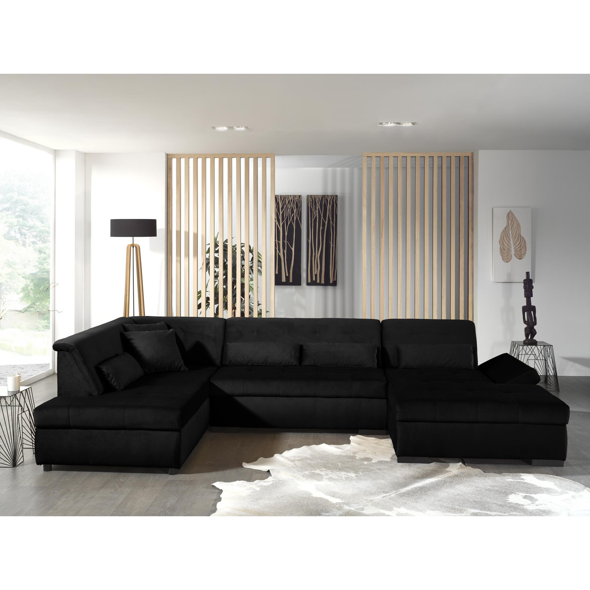 Vermont - canapé panoramique d'angle gauche - 7 places - XXL - en velours - Noir