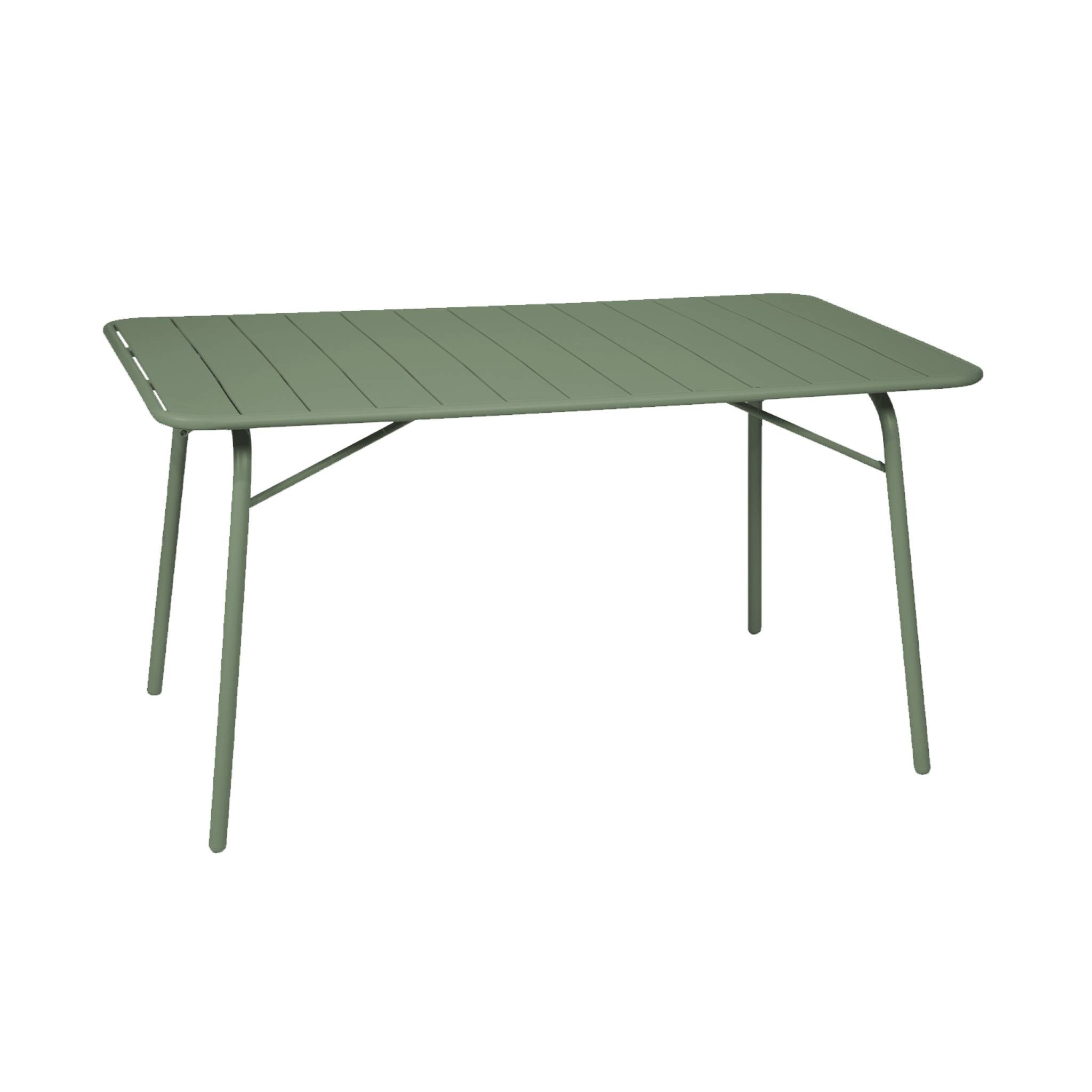 Table de jardin pliante métal 6 places. vert. Amelia. 140x80cm. traitement antirouille. lattes et bords arrondis