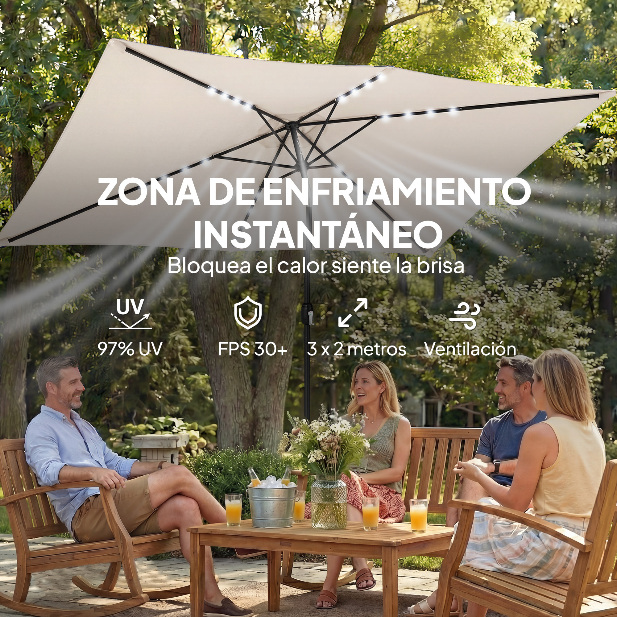 Sombrilla Terraza Exterior, 2,9x2,5 m, Sombrilla de Jardín con 24 Luces LED Solares, Dosel Inclinable, Poste Metálico, Parasol para Patio, Terraza, Crema